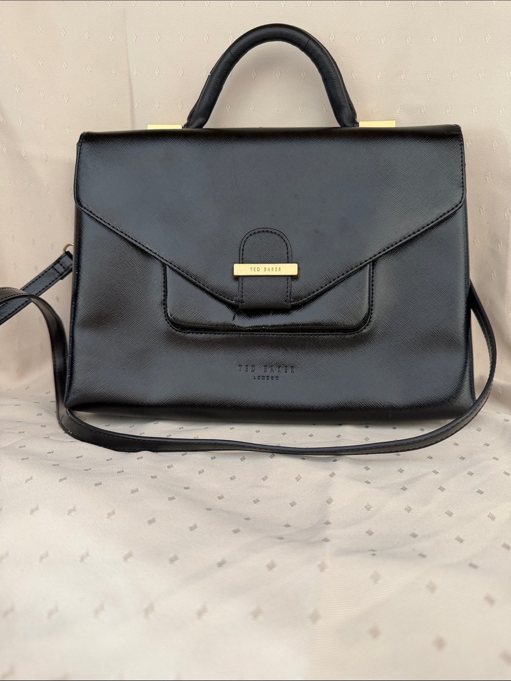 Ted Baker Black Saffiano Leather Satchel with Gold Trim